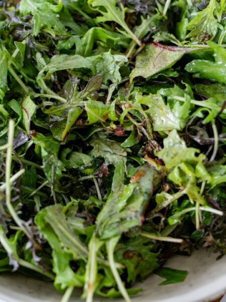 Insalata verde mista in una ciotola, immagine illustrativa di lattuga e indivia riccia
